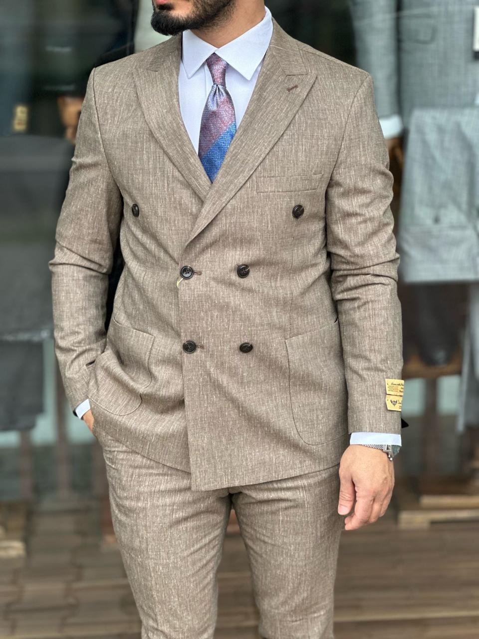 Men’s Premium Double-Breasted Slim-Fit Textured Suit – 2 Piece Set