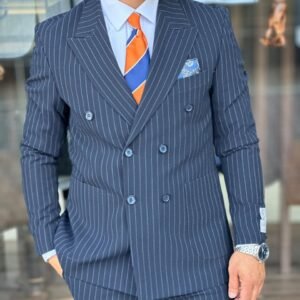 Premium Slim-Fit Double-Breasted Pinstripe Suit – 2 Piece Set