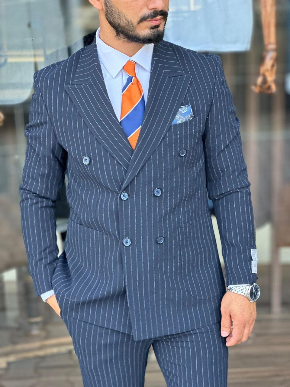 Premium Slim-Fit Double-Breasted Pinstripe Suit – 2 Piece Set